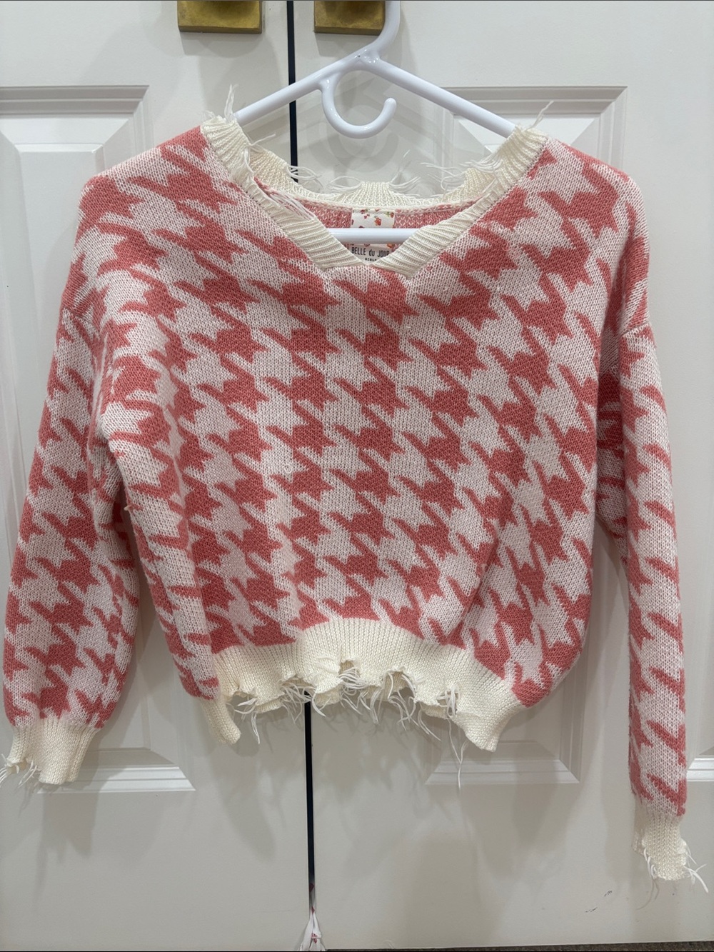 Girls  Pink Houndstooth Distressed Sweater